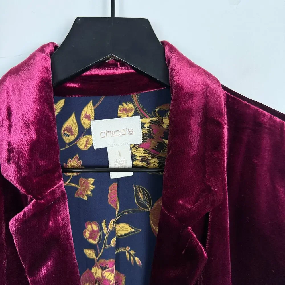 Chico's Velvet Blazer Jacket Burgundy Red Floral Lined - 1 (8-10 US) - Picture 3 of 9